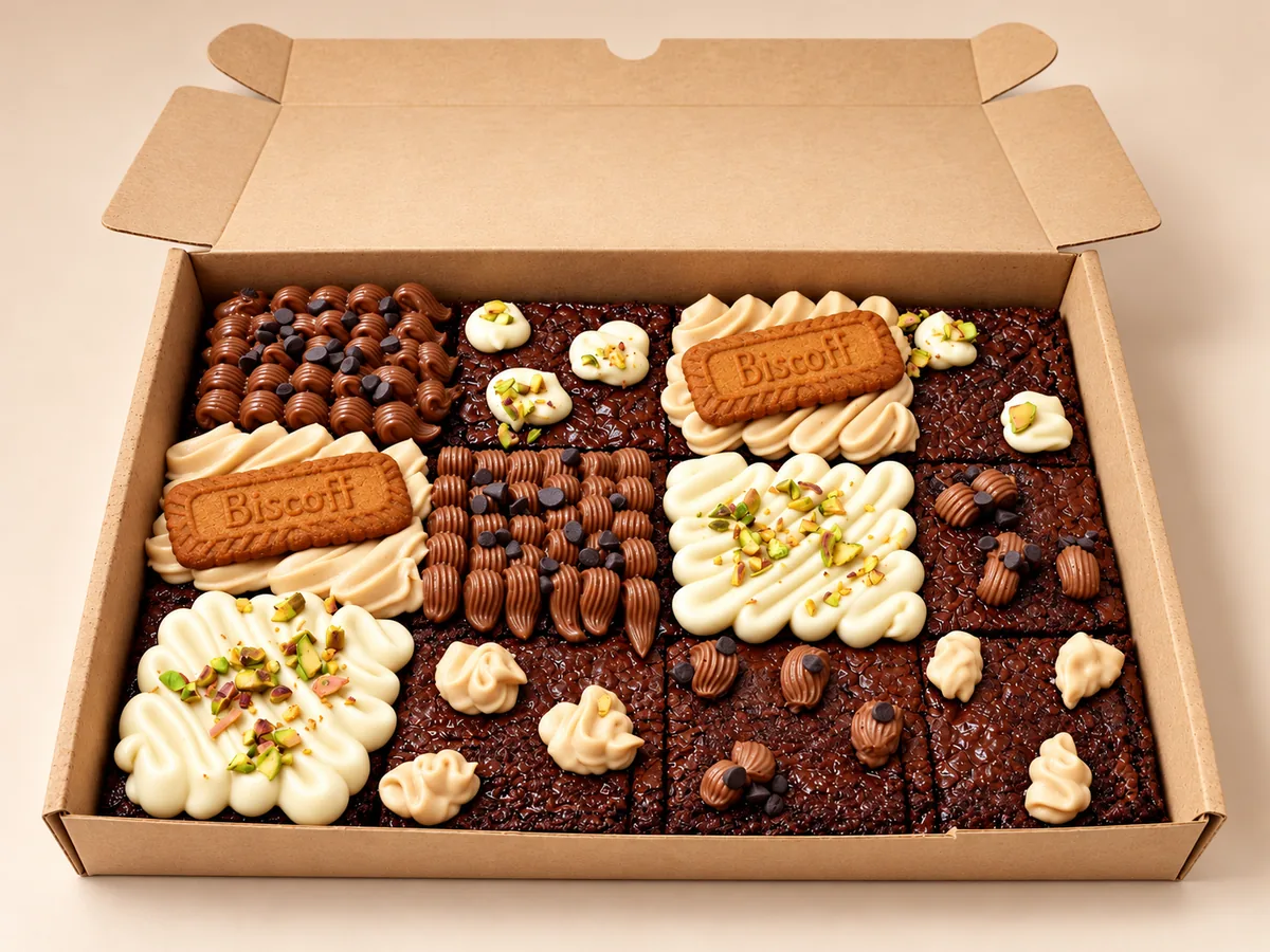 Plancha original de brownie clásico de chocolate negro con sus coberturas
